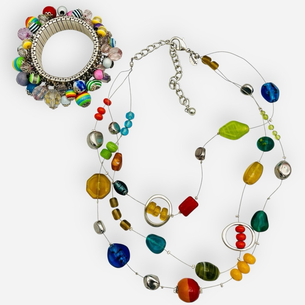Chico's Colorful Beaded Necklace Bold Beaded Boho Stretch Bracelet Illusion